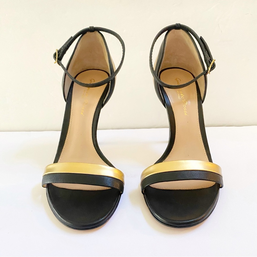 GIANVITO ROSSI BLACK GOLD LEATHER ANKLE STRAP OPEN TOE STILETTO HIGH HEELS - Picture 5 of 9